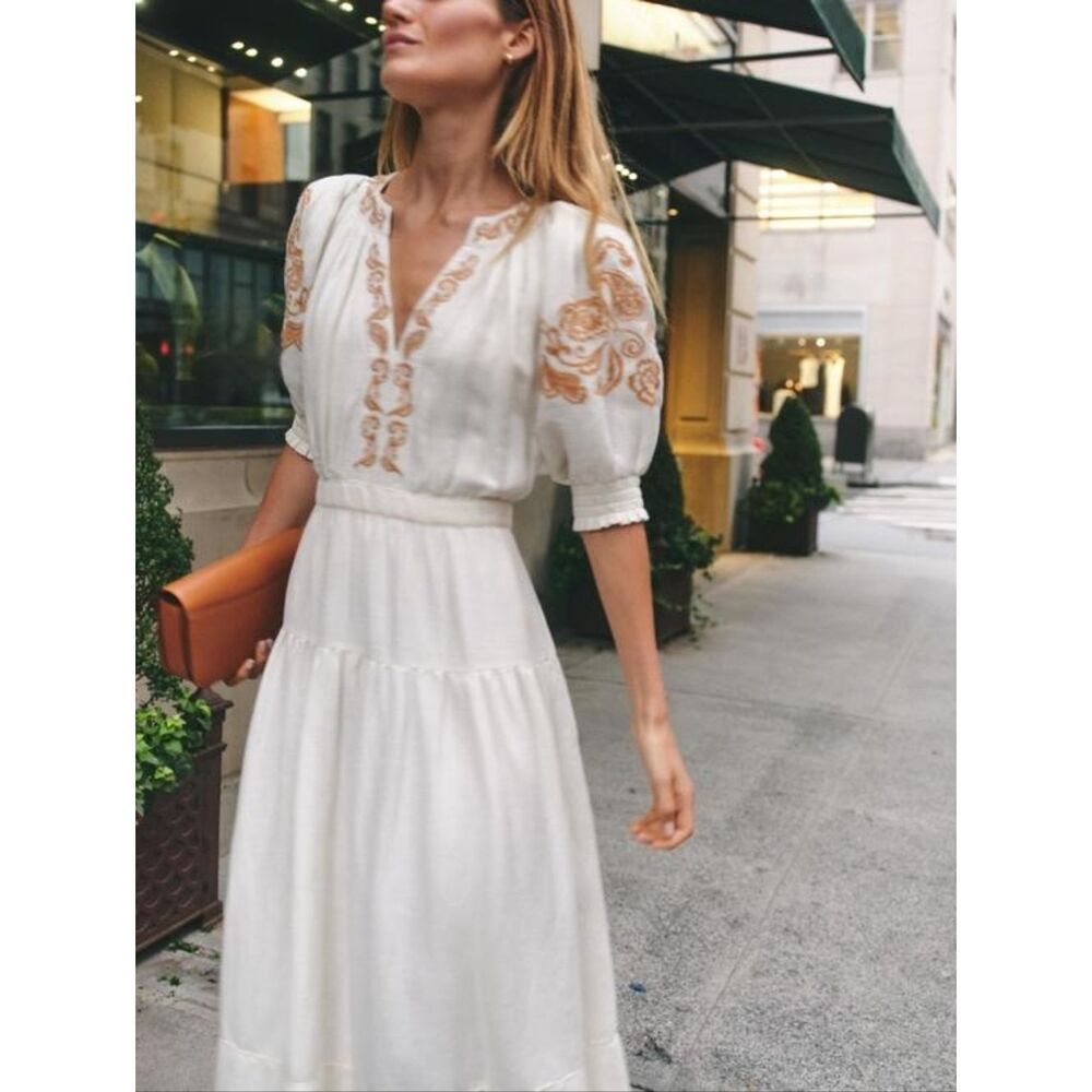 Cartolina Lizette Linen Blend Embroidered Belted Puff Sleeve Ivory Midi Dress M - Picture 2 of 16